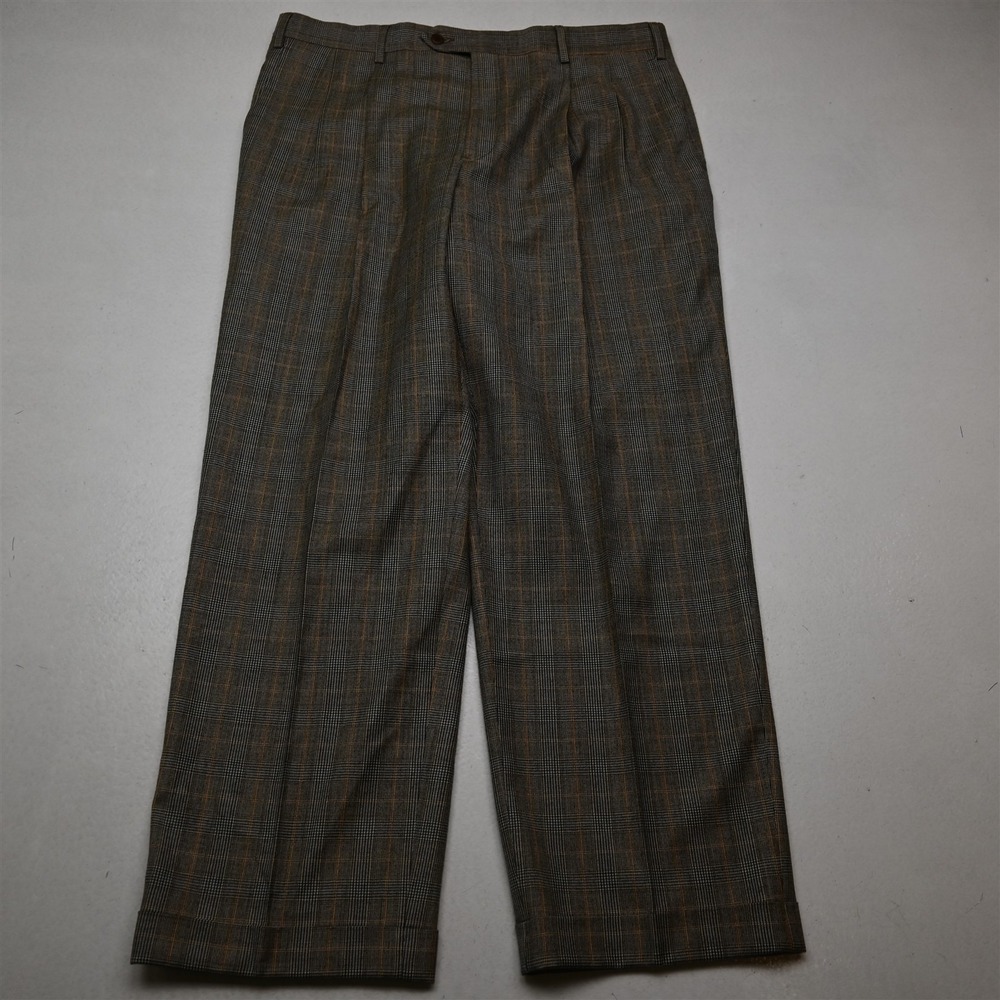 Turnbury 34x29 Glenn Check Plaid Flannel 100% Wool Pleated Cuffed Dress Pants